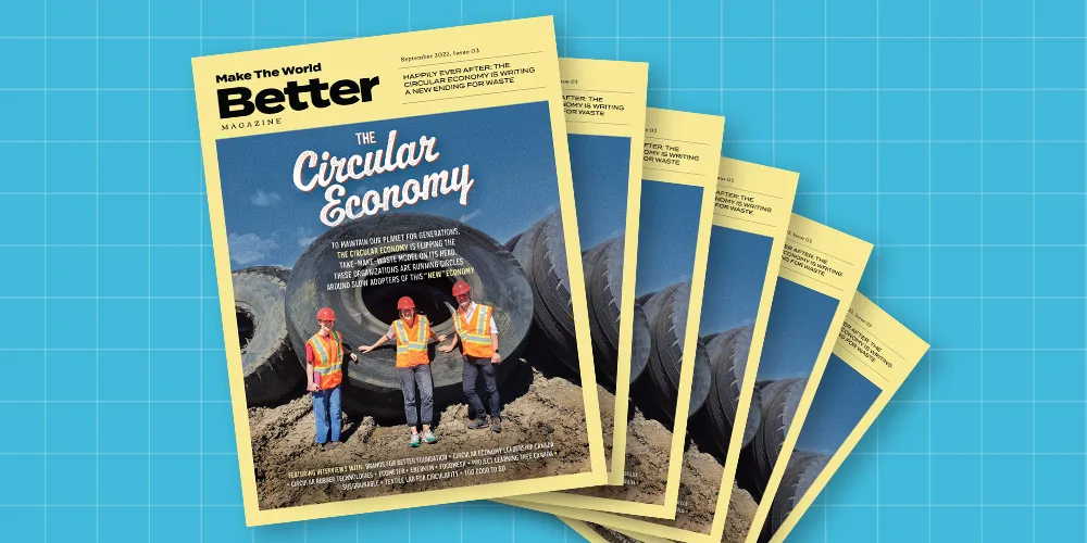 A fanned stack of Make The World Better magazine covers themed The Circular Economy, showing three workers atop a tire pile
