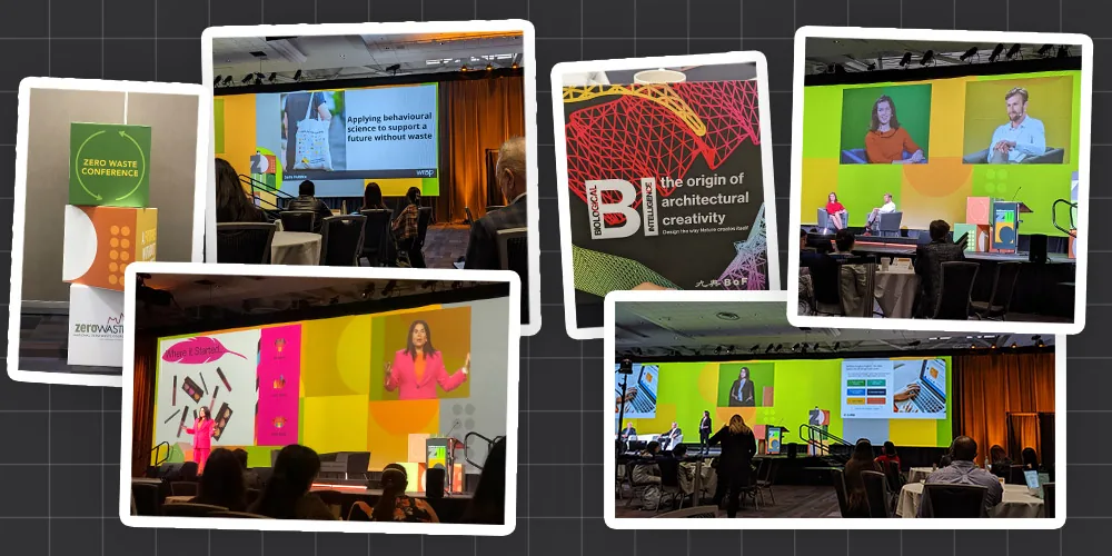 A collage of photos from the Zero Waste Conference, showing speakers on stage and attendees at exhibit booths