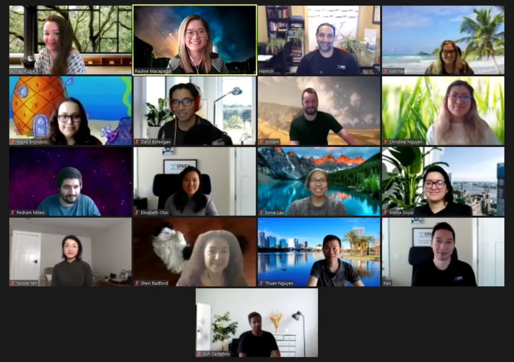A grid of thirteen video call headshots of smiling people on a virtual team meeting screen