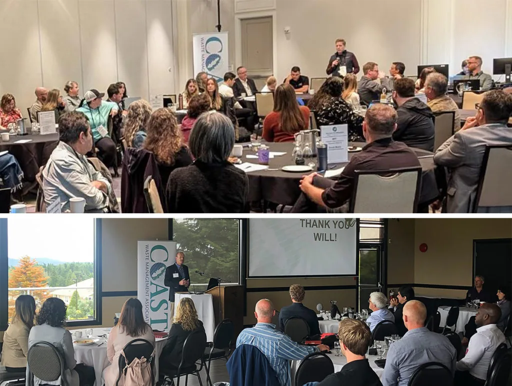 Two stacked photos of a conference session, seated attendees at round tables listening to a speaker, and a man presenting beside a Coast Waste Management Association banner with a Thank You Will screen