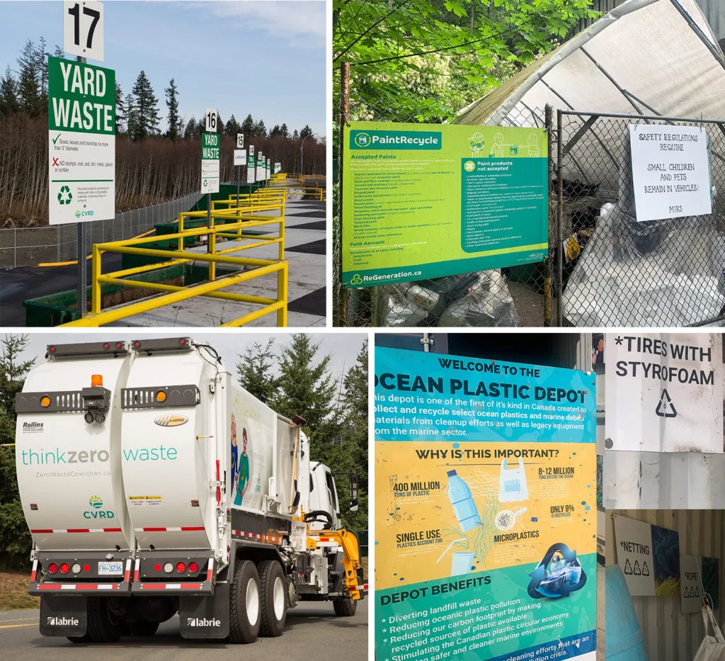 A grid of five photos showing yard waste disposal signage, a PaintRecycle information sign, a garbage truck marked thinkzero waste, an Ocean Plastic Depot educational sign, and small warning signs for tires and styrofoam