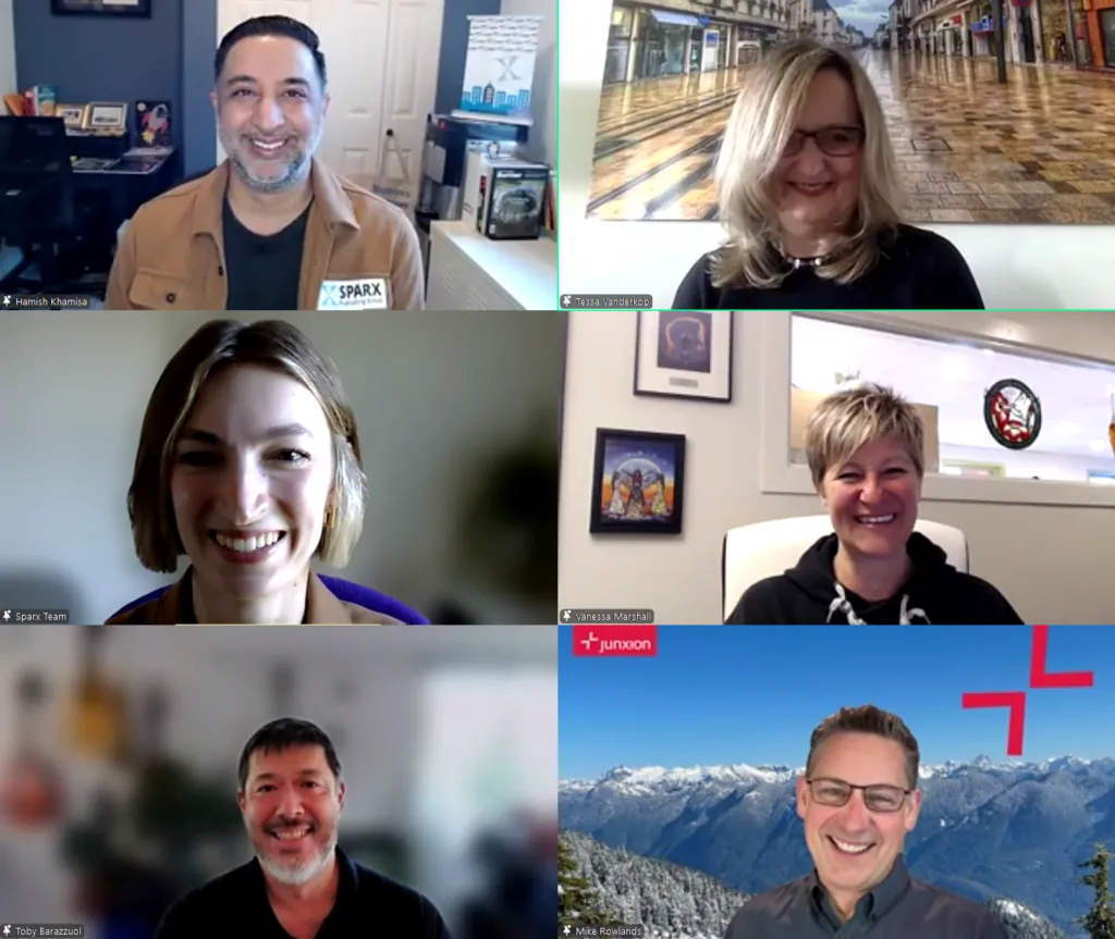 A grid of six video call headshots of smiling people on a virtual meeting screen