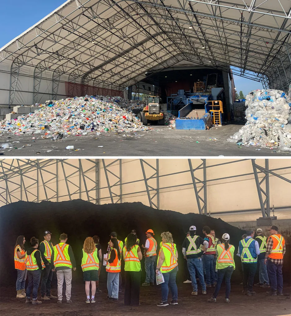Two stacked photos, an aerial view of a large recycling facility with piles of sorted plastic waste under a metal-framed shelter, and a group of people in high-visibility safety vests standing before a large pile of dark material