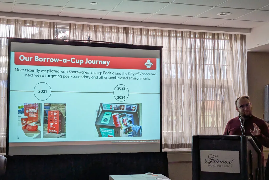 A man presenting at a podium beside a screen titled Our Borrow-a-Cup Journey showing Tim Hortons reusable cup piloting timeline from 2021 to 2024