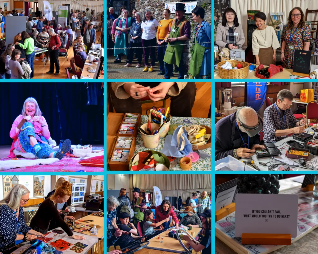 A nine-photo collage of a textile repair and craft event, showing attendees mending fabric and browsing exhibit tables
