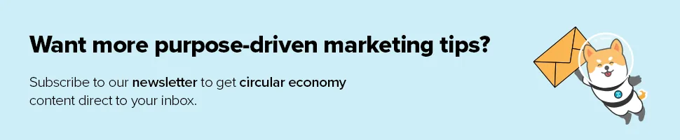 A newsletter subscription banner reading Want More Purpose-Driven Marketing Tips, with an illustrated astronaut dog mascot holding an envelope
