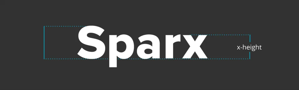 The word Sparx set in Proxima Nova on a dark ground, with a dotted guide marking the x-height of the lowercase letters