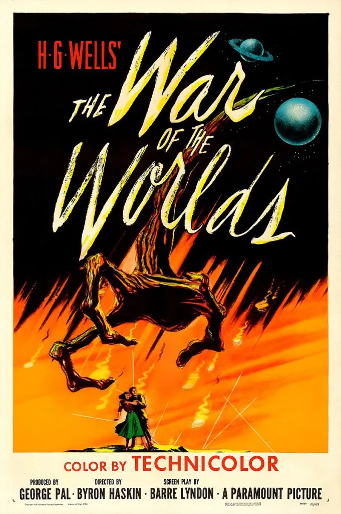 Theatrical poster for the 1953 film of H. G. Wells' The War of the Worlds, a Martian war machine above a fleeing couple