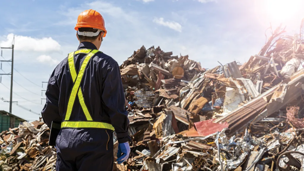 A worker in a hard hat and safety vest seen from behind, facing a large pile of scrap metal debris