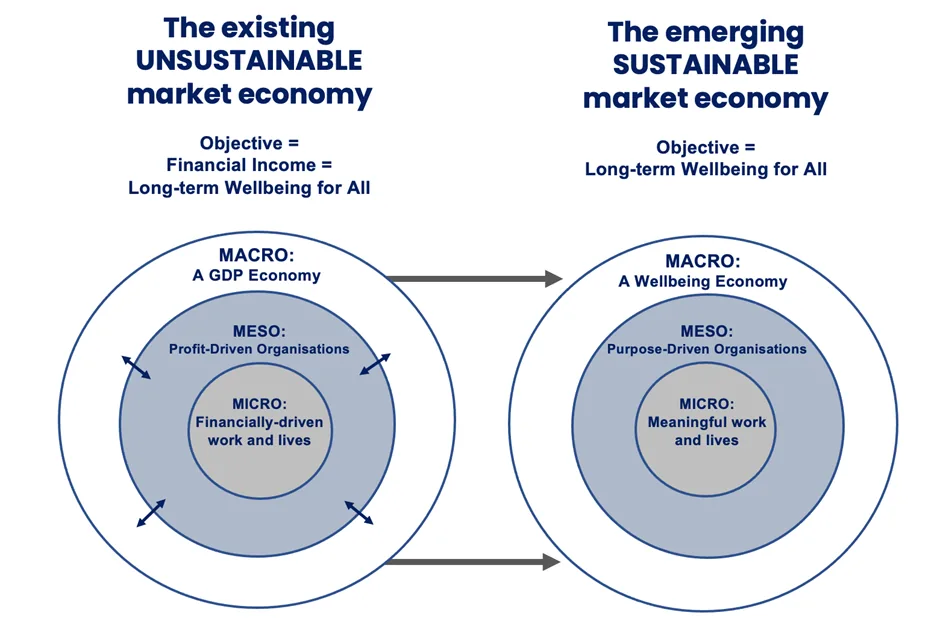 A diagram comparing an unsustainable GDP-driven market economy to an emerging wellbeing-driven sustainable economy