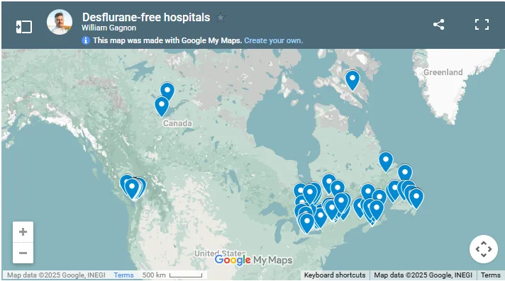 A Google My Maps screenshot titled Desflurane-free hospitals, showing map pins clustered across eastern Canada and the US