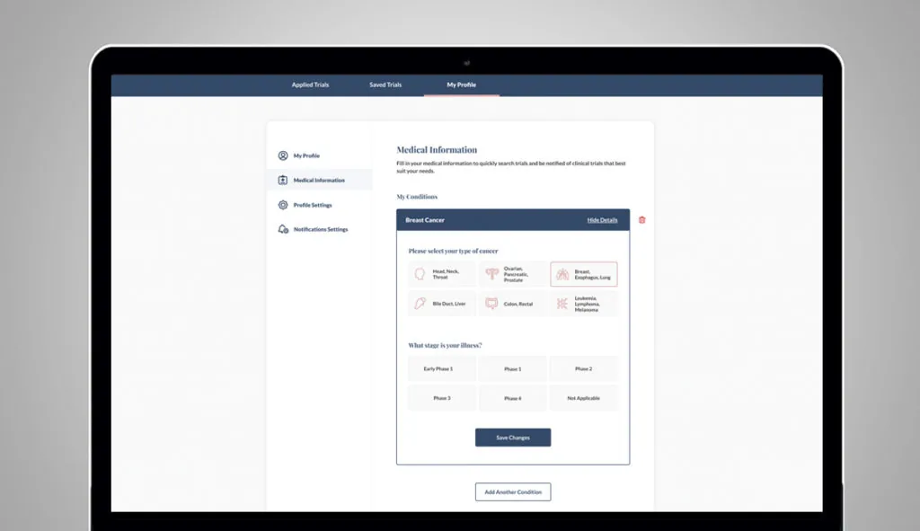 Laptop screenshot of a clinical trial app's My Profile page showing Medical Information and cancer type selection