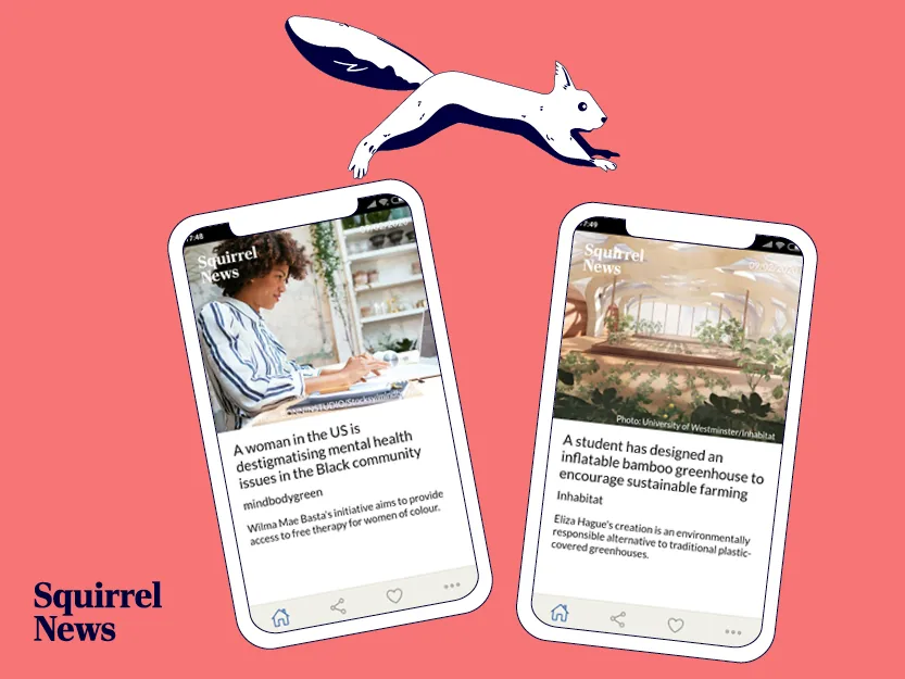 An illustrated squirrel above two phone screens showing the Squirrel News app, with the Squirrel News logo below
