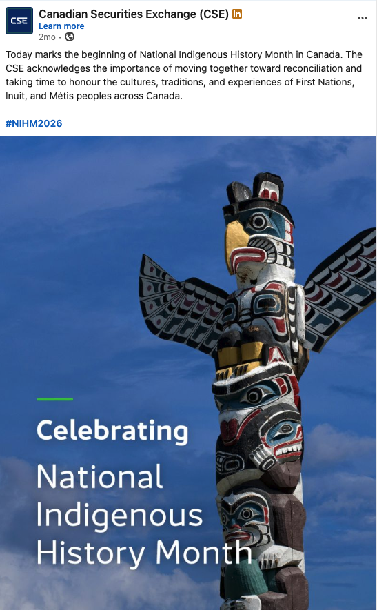 National Indigenous History Month, social media posts for The Canadian Securities Exchange