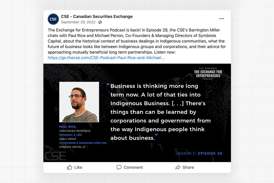Exchange for Entrepreneurs Podcast: Indigenous Reconciliation, social media posts for The Canadian Securities Exchange