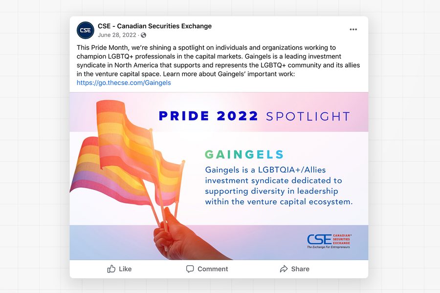 Pride Month: Gaingels, social media posts for The Canadian Securities Exchange