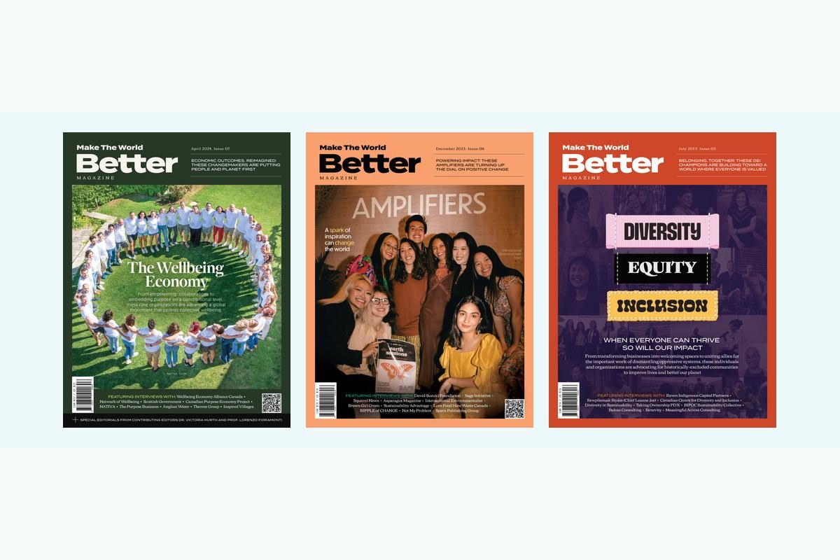 Three Make The World Better Magazine covers: The Wellbeing Economy, Amplifiers, and DEI issues