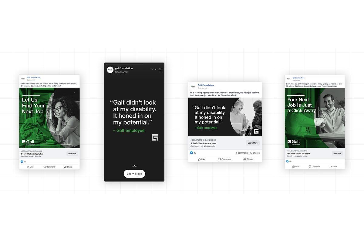 Galt Foundation awareness campaign creative across four social ad units