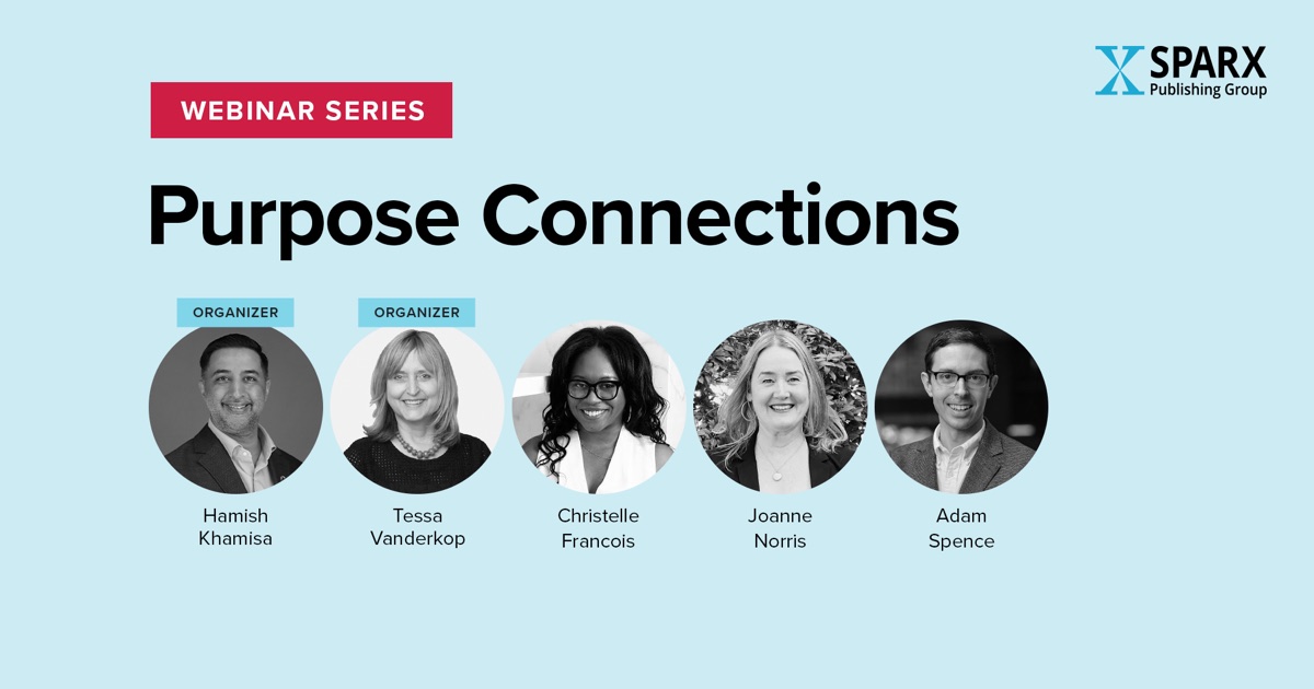 Purpose Connections February 2025 webinar graphic: headshots of Hamish Khamisa, Tessa Vanderkop, Christelle François, Joanne Norris, Adam Spence